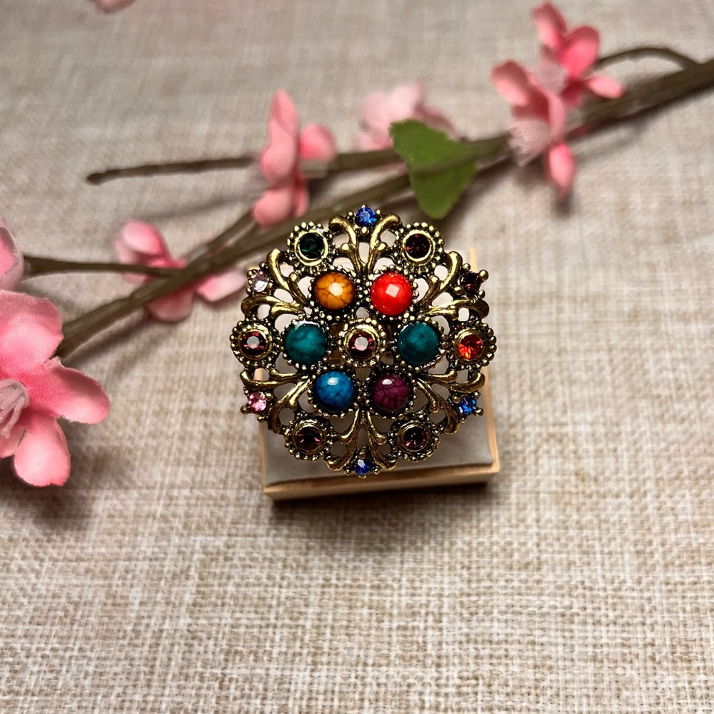 SZ 7 | Vintage Czech-Style Brassy Gold Filigree Ring with Colorful Crystals